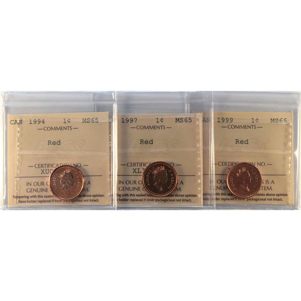 Canada, 0.01c X 3 / 1994 and 1997 both MS-65 Red and 1999 MS-66 Red all ICCS Certified (3)