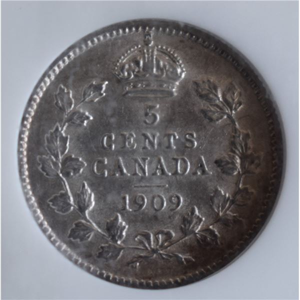 Canada, 0.05c 1909 ML Sterling Silver "Round Leaves Bow" AU-58 Certified by NGC