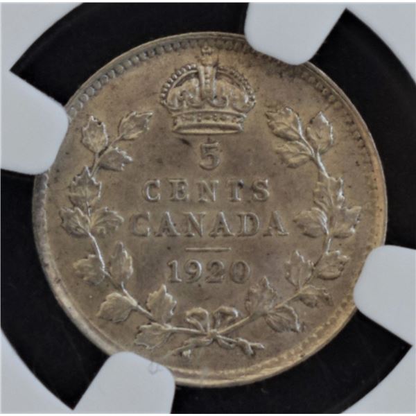 Canada, 0.05c 1920 Silver AU-58 Certified by NGC