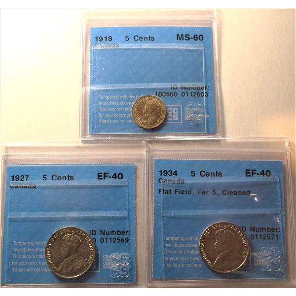 Canada, 0.05c Trio W/ 1918 Small Silver MS-60 / Nickel (x2) 1927 XF-40 and 1934 XF-40 all Certified 
