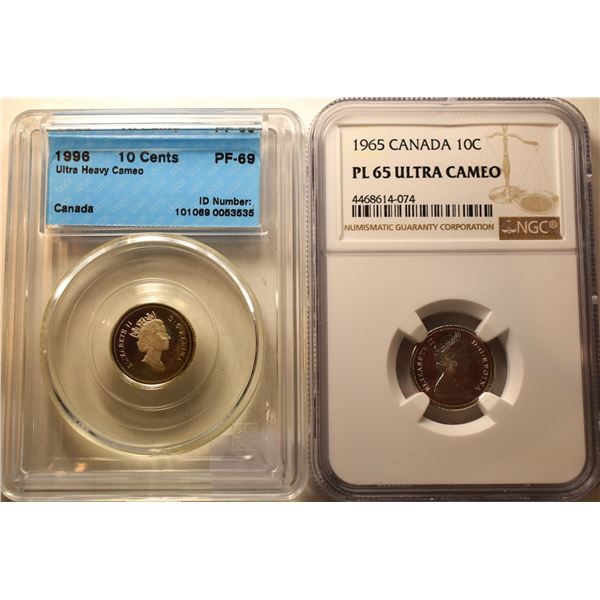 Canada, 0.10c x 2 1965 Ultra Cameo PL-65 Cert. NGC + 1996 Ultra Heavy Cameo PF-69 Cert CCCS (2)