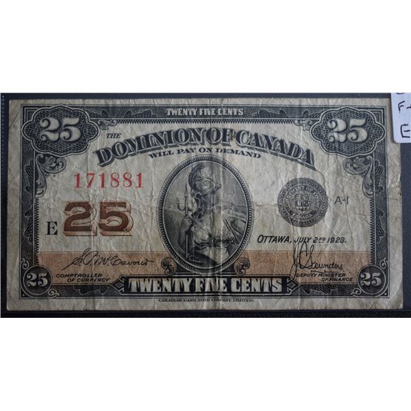 Canada, 0.25c 1923 "Dominion of Canada" DC-24c Serial # 171881 in Fine F+ Grade.