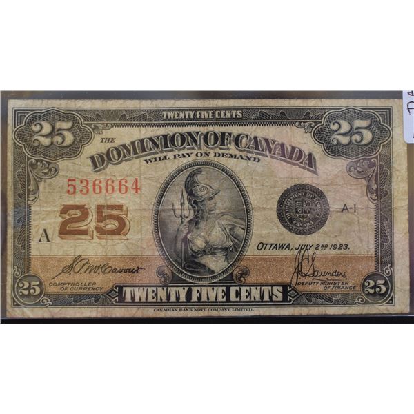 Canada, 0.25c 1923 "Dominion of Canada" DC-24c Serial # 536664 in Fine F+ Grade.