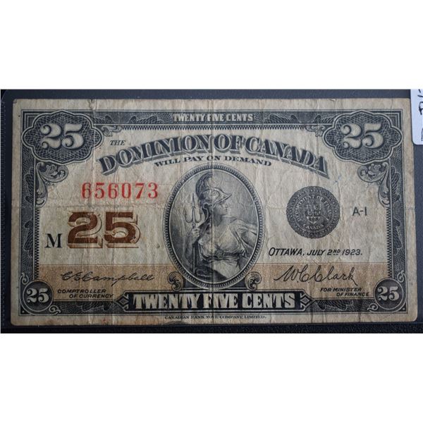 Canada, 0.25c 1923 "Dominion of Canada" DC-24d Serial # 656073 in Fine F Grade.