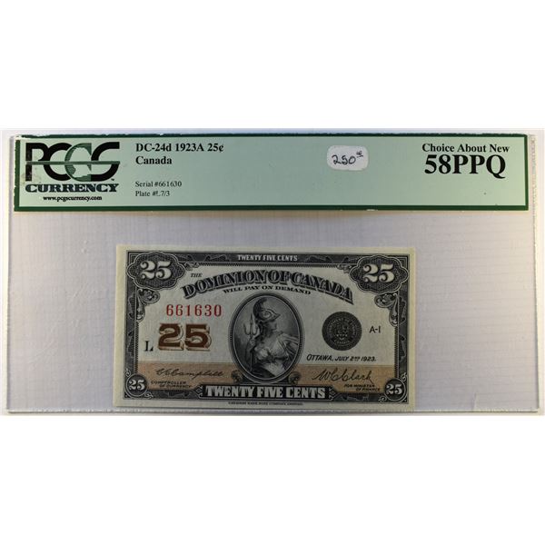 Canada, 0.25c 1923 "Dominion of Canada" DC-24d Serial # 661630 Choice A-UNC-58 PPQ Cert. PCGS