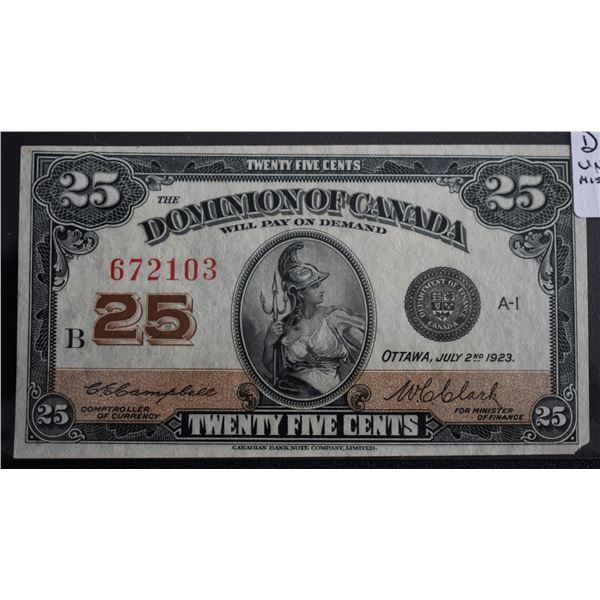 Canada, 0.25c 1923 "Dominion of Canada" DC-24d Serial # 672103 Choice UNC-63 Missing Corner
