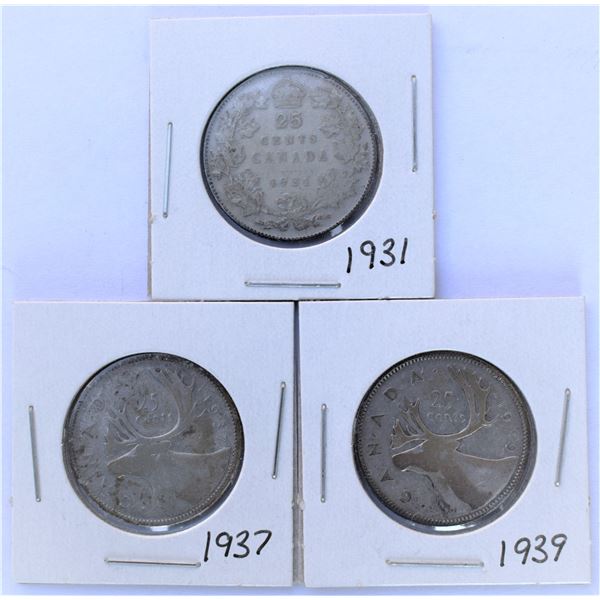 Canada, 0.25c x 3 1931-37-39 All Silver and F+≈ (3)