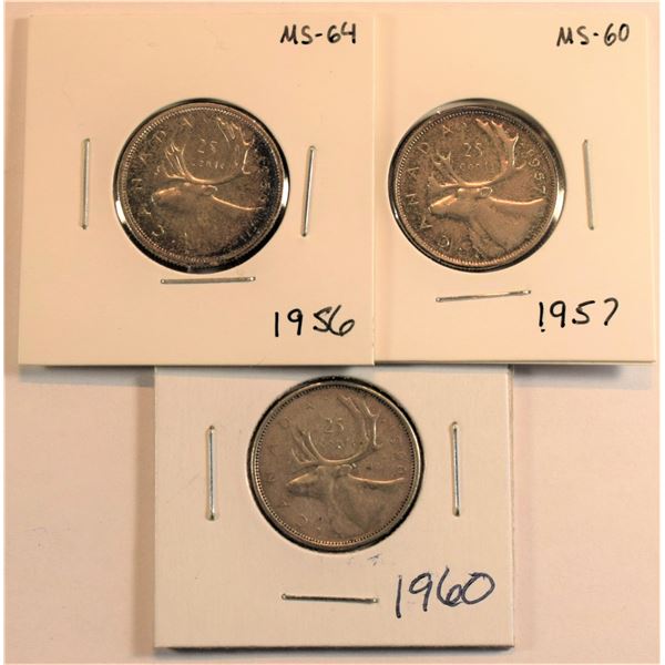 Canada, 0.25c x 3 1956 MS Multicolor Patina, 1957 AU/UNC, 1960 VF+ All silver, Nice 56 (3)