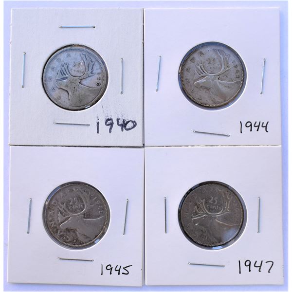 Canada, 0.25c x 4 1940-44-45-47, All silver Grades from VG/F to Choive VF, Interestings Dates (4)
