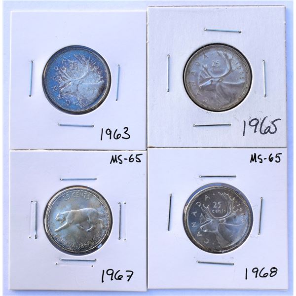 Canada, 0.25c x 4 1963 AU+ Blue Patina, 1965 AU+, 1967 MS++ and 1968 MS++ Patina All silver, Nice Gr