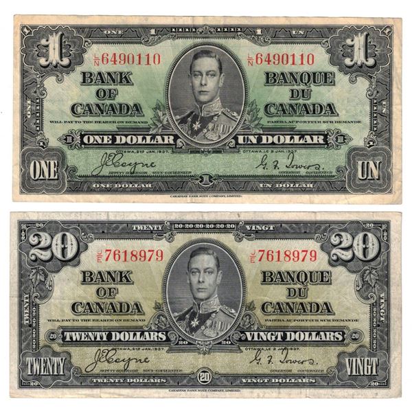 Canada, 1$ & $20 both 1937 "Coyne / Towers" VF or Better (2)