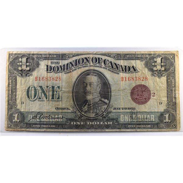 Canada, 1$ 1923 "Dominion of Canada" DC-25i Serial # B1683828 in F+ Grade.