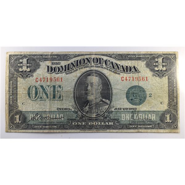 Canada, 1$ 1923 "Dominion of Canada" DC-25j Serial # C4719561 in VF Grade Green Seal.