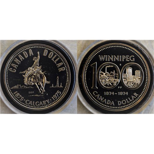 Canada, 1$ x 2 "First Commemorative Mint" Folders, 1974 and 1975 Proof Silver Coins (2)