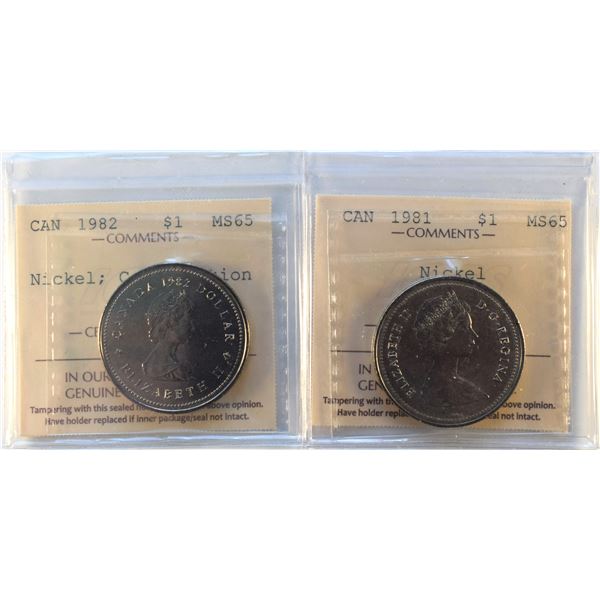 Canada, 1$ x 2 1981 "Voyagers" and 1982 "Constitution" both MS-65 ICCS Certified (2)
