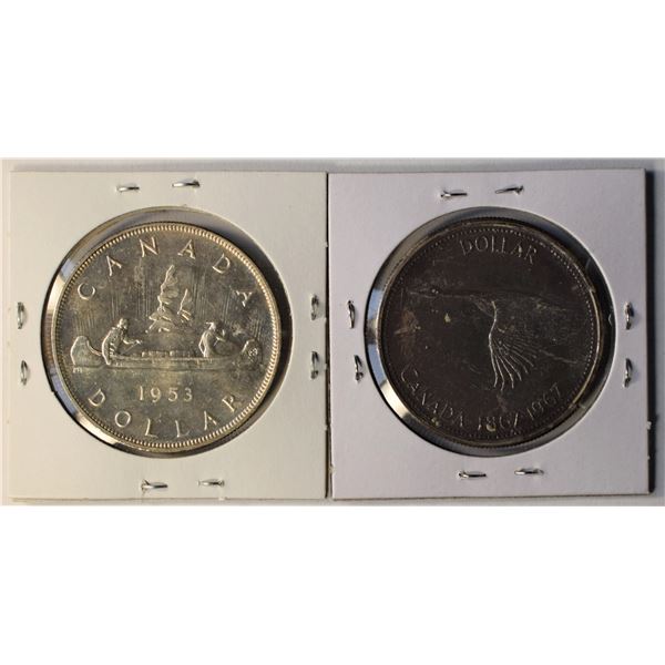 Canada, 1$ x 2, 1953 Mint S. + 1967 PL W/ Gray Patina  (2)