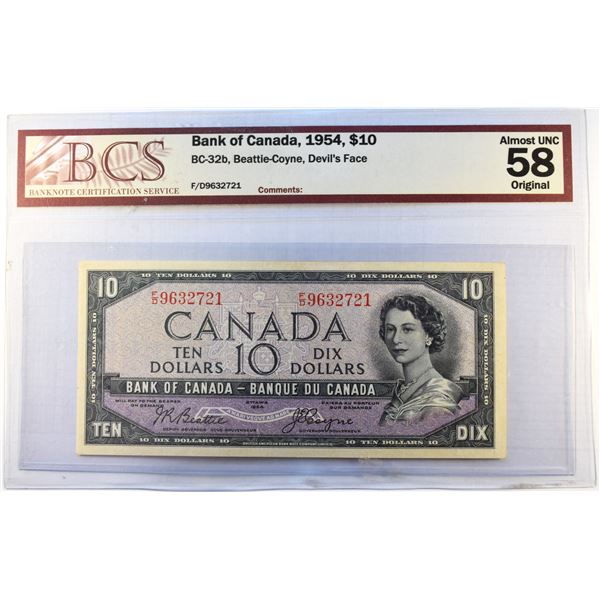 Canada, 10$ 1954 "Devil's Face" QEII BC-32b Choice AUNC-58 Certified BCS
