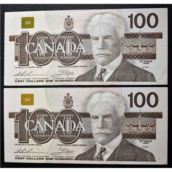Canada, 100$ 1988 x 2  Consecutive "Birds Series" BC-60a-i Serial # BJD0002455-56 in A-UNC (2)