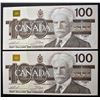 Image 1 : Canada, 100$ 1988 x 2  Consecutive "Birds Series" BC-60a-i Serial # BJD0002455-56 in A-UNC (2)