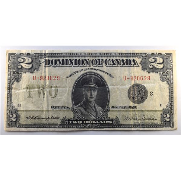 Canada, 2$ 1923 "Dominion of Canada" DC-26j Black Seal Serial # U-920629 VF-30 Crispy