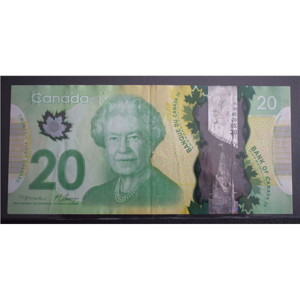 Canada, 20$ 2012 "Binary Note" Serial # FIU-1110001 VF+ QEII