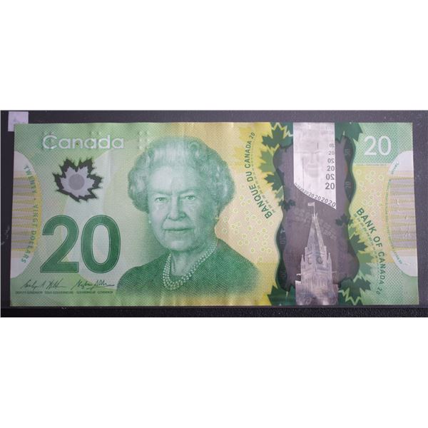 Canada, 20$ 2012 "Binary Note" Serial # FIU-1111001 VF++ QEII