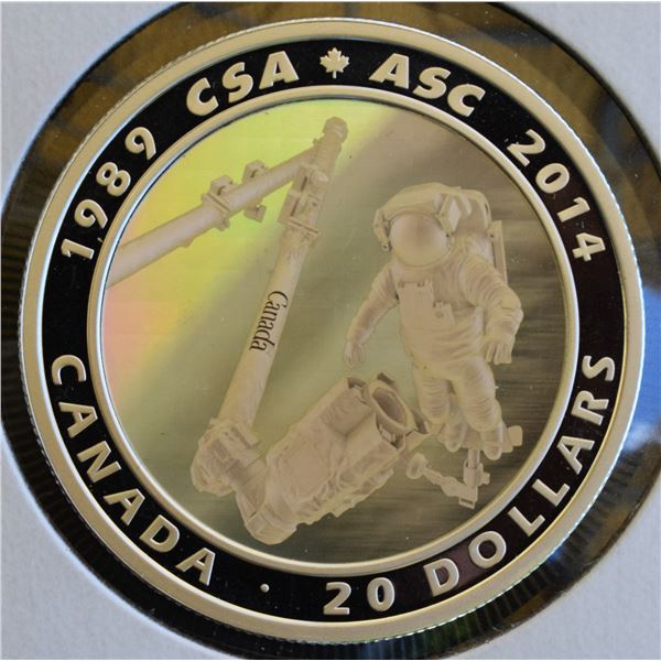 Canada, 20$ 2014 "25th Canadian Space Agency" Hologram" 1 Oz .9999 Proof U.H.Cameo No Box