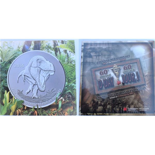 Canada, 20$ x 20$ 2016 T-Rex, Dinosaur Silver .9999 and 0.05c 2004 Sterling Silver D-Day Landing, 60