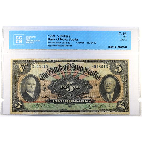 Canada, 5$ 1929 "Bank of Nova Scotia" Pick S-622 / Charlton 550-34-02 F-15 Certified CCCS