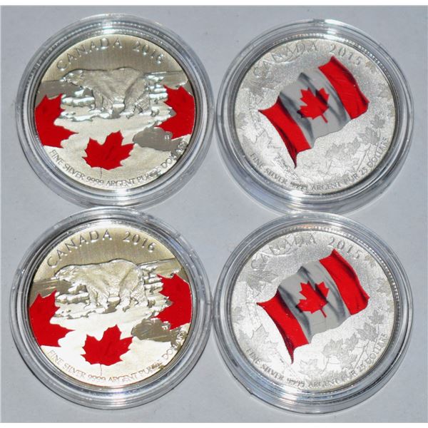 Canada, Assorted Groupe of 4 coins of $25 for $25 2 x Flag Colored and 2 x True North $100 Face valu