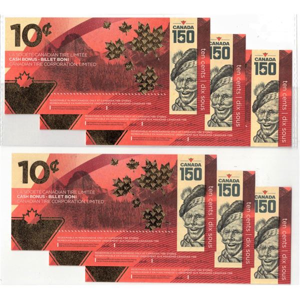Canada, Canadian Tire Money 0.10c 2 (two) trios Consecutive (6) 150th Canada UNC, Scarce