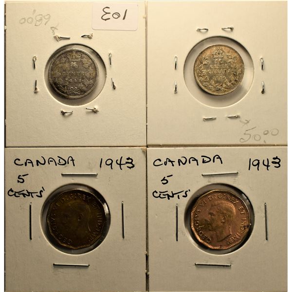 Canada, Mix lot w/ Tombac 0.05c 1943 x 2 and 0.10c x 2 1858 (1st Date Repunched 5) AVG and 1914 XF [