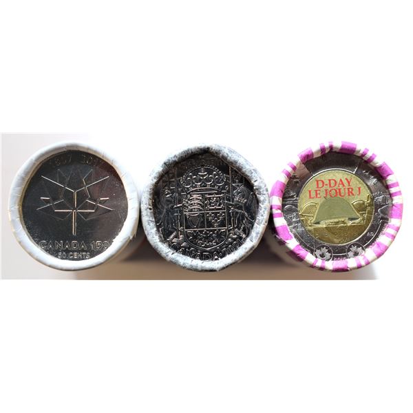 Canada, Mint Roll x 3 Special Wrap / 0,50c x 2 / 2017 "Canada 150th" and 2021 "Coat Arms 100th" + $2