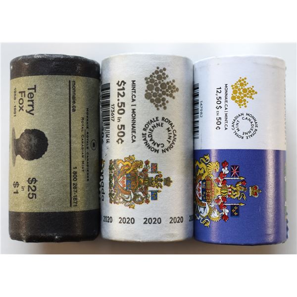Canada, Mint Roll x 3, 0,50c x 2 2016 and 2020 + $1 roll 2005 "Terry Fox" all 3 Special Wrap Unopene