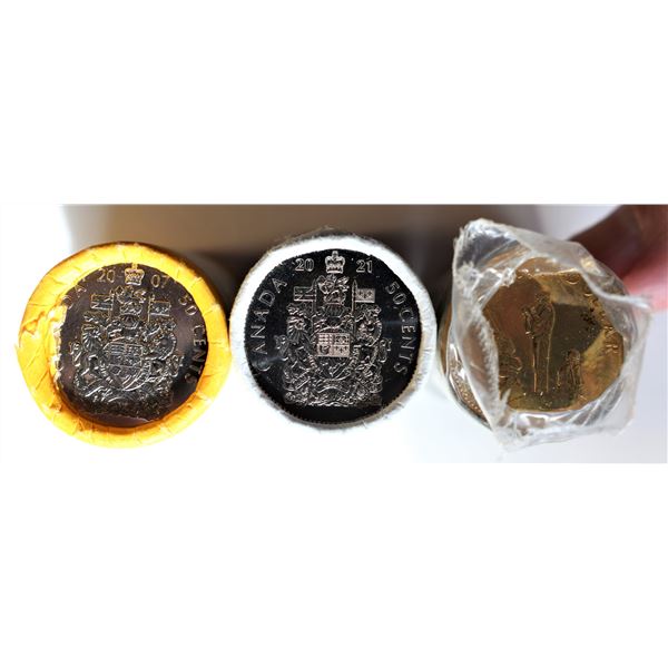 Canada, Mint Roll x 3, 0,50c x 2 Special Wrap 2007 and 2021 + $1 roll 1995 "U.N. Peacekeeping" all 3