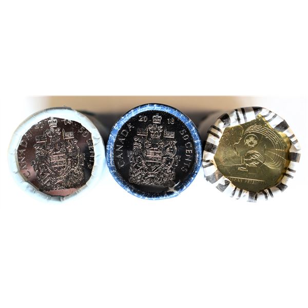 Canada, Mint Roll x 3, 0,50c x 2 Special Wrap 2014 and 2018 + $1 roll 2022 "Oscar Peterson" non Colo