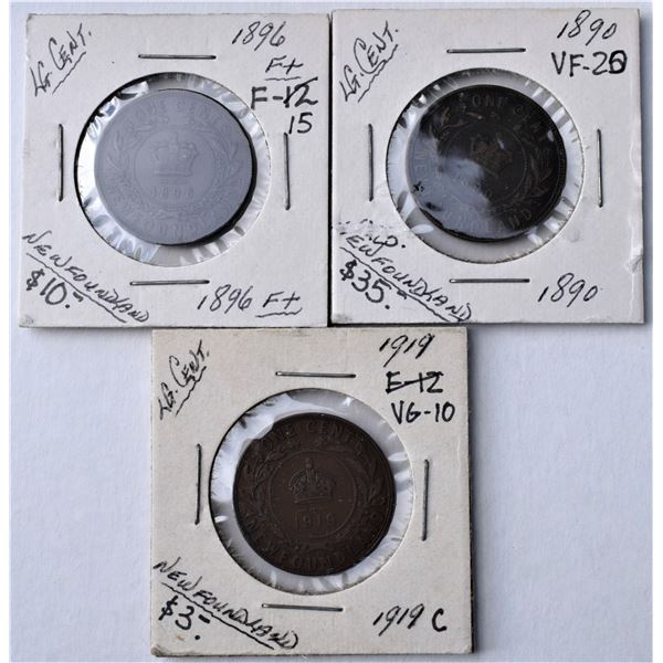 Canada, Newfoundland 0.01c Groupe of 3 "Large Cent" 1890, 1896, & 1919 from F+ to VF+ (3)