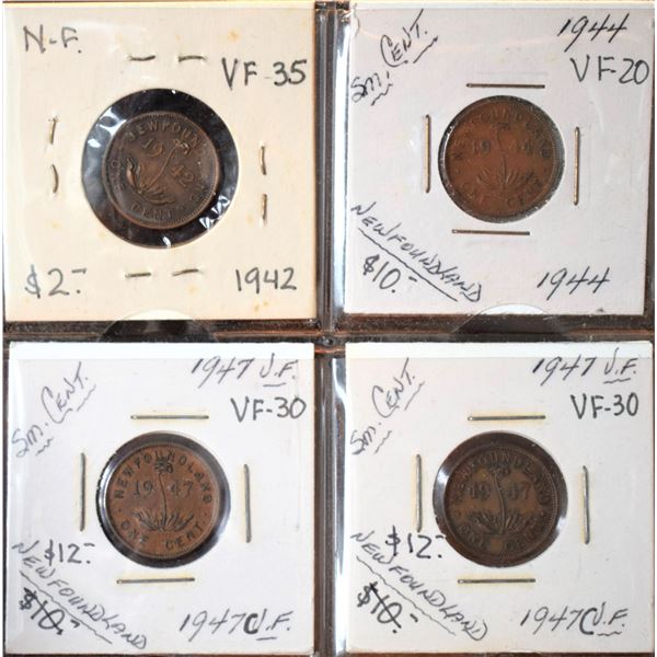 Canada, Newfoundland 0.01c Groupe of 4 "Small Cent" 1942, 1944 & 1947(2), Average VF and better (4)