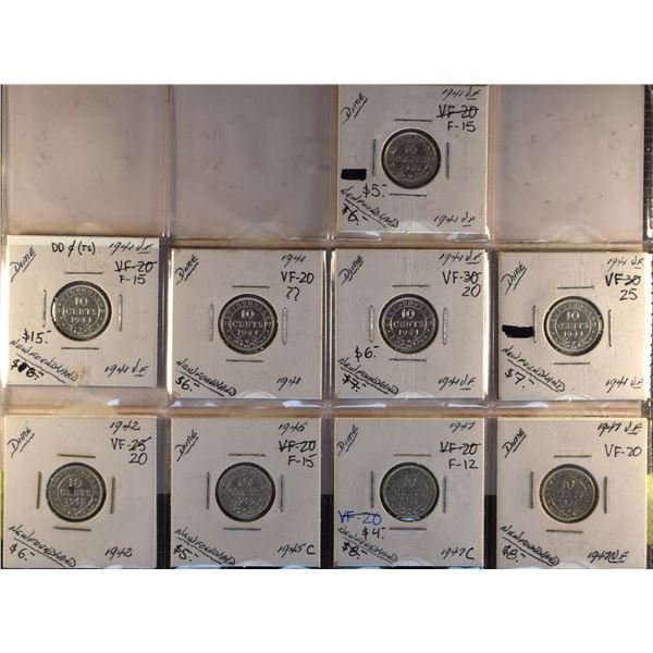 Canada, Newfoundland 0.10c Groupe of 9 Silver Between 1941 to 1947, from 4 different Dates Average F