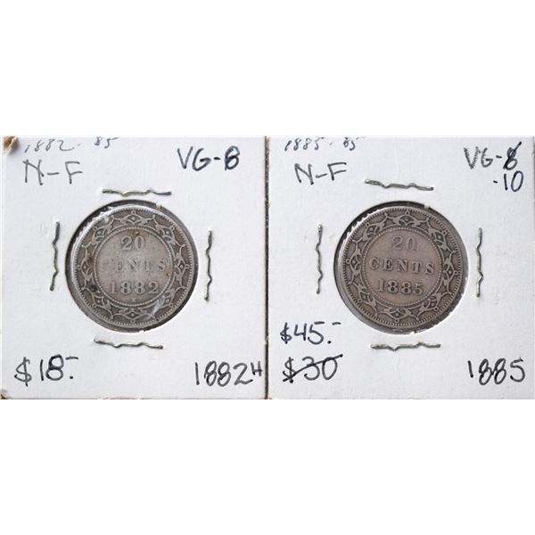Canada, Newfoundland 0.20c Silver 1882-H & 1885, Grade VG or Better (2)