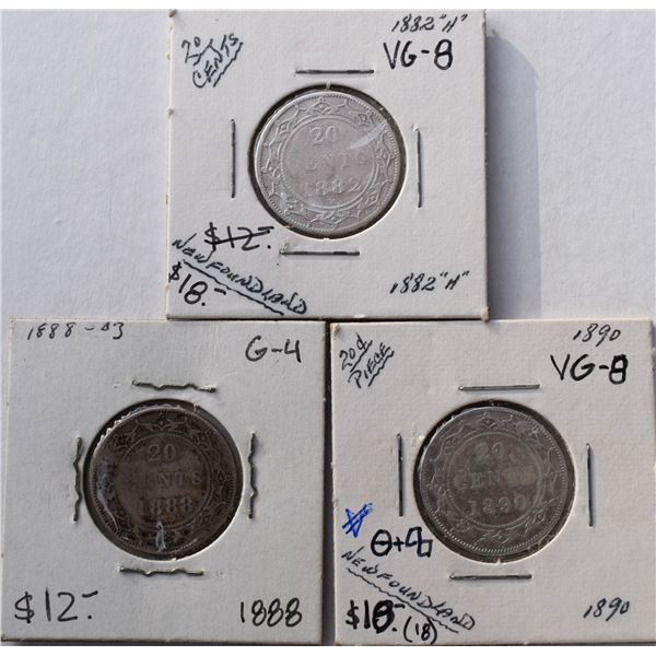 Canada, Newfoundland 0.20c Silver 1882-H, 1888 & 1890, Grade G - VG or Better (3)