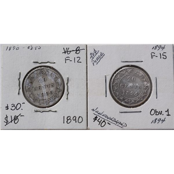Canada, Newfoundland 0.20c Silver 1890 & 1894(Obverse 1), Grade F or Better (2)