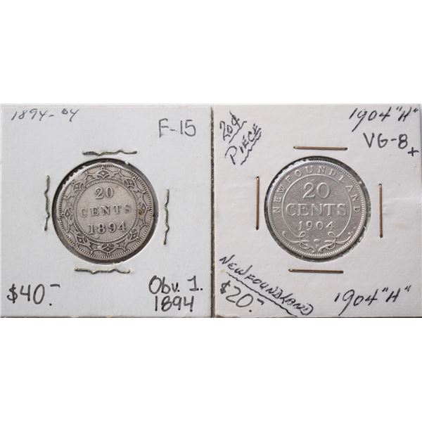 Canada, Newfoundland 0.20c Silver 1894(Obverse 1) & 1904-H, Grade VG - F+ or Better (2)