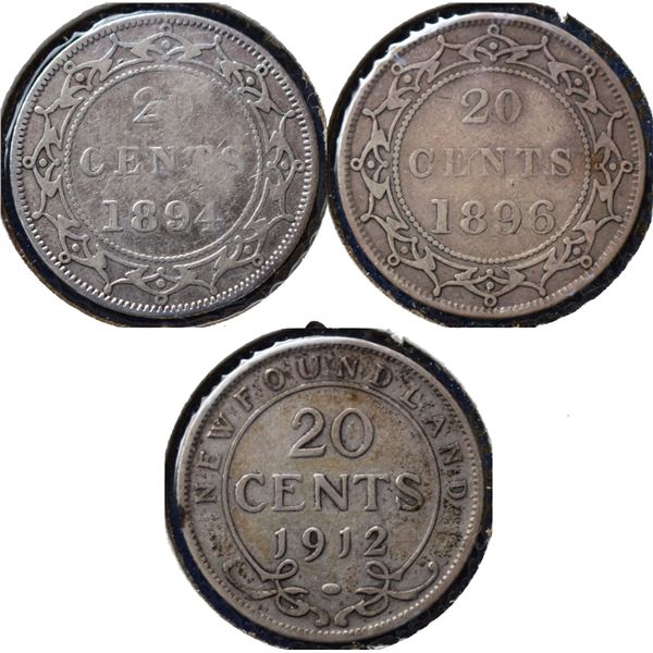 Canada, Newfoundland 0.20c Silver 1894(Obverse 2), 1896(Obv. 1) & 1912, Grade VG - F+ or Better (3)