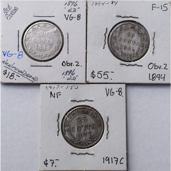Canada, Newfoundland 0.20c Silver 1894(Obverse 2), 1896(Obv. 2) & 0.25c 1917, Grade VG - F+ or Bette