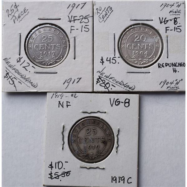 Canada, Newfoundland 0.20c Silver 1904-H and 0.25c 1917-C & 1919-C, Grade VG+ - F+ or Better (3)