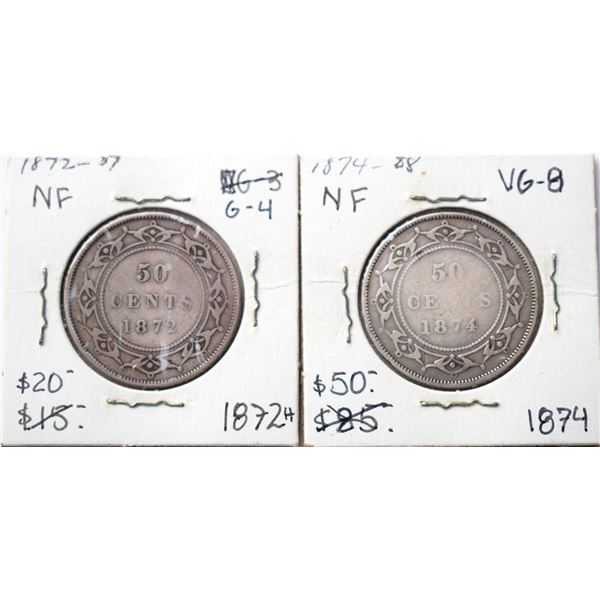 Canada, Newfoundland 0.50c Silver 1872-H (Obverse 1) & 1874 (Obv. 1) Grade G / VG or Better (2)