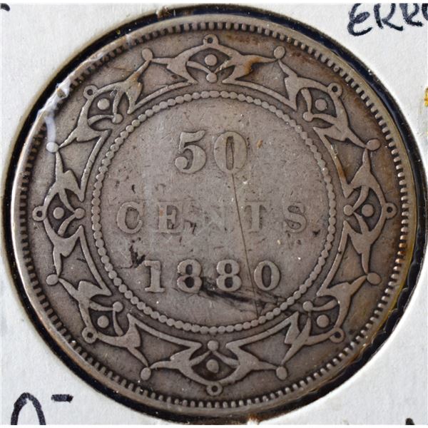 Canada, Newfoundland 0.50c Silver 1880 (Obverse 1) "Only 24k Struck" Key Date  and LAMINATIOM ERROR 