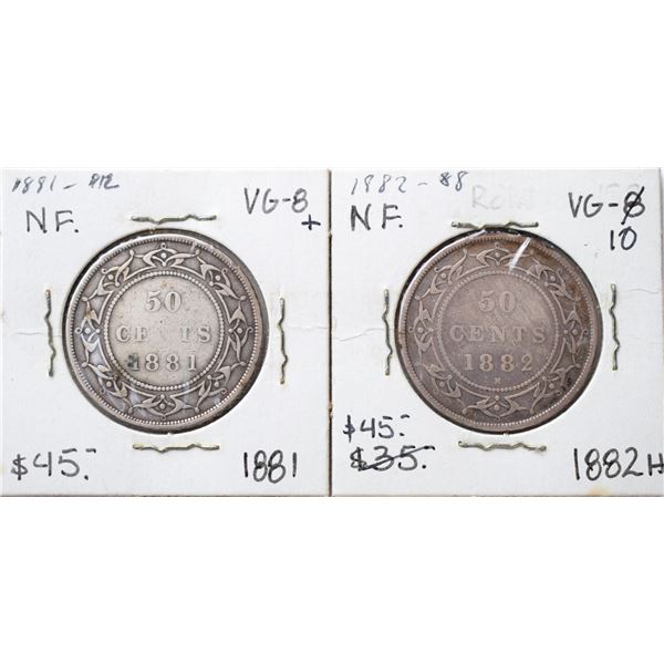 Canada, Newfoundland 0.50c Silver 1881 (Obverse 1) & 1882-H (Obv. 2) Grade both VG or Better (2)