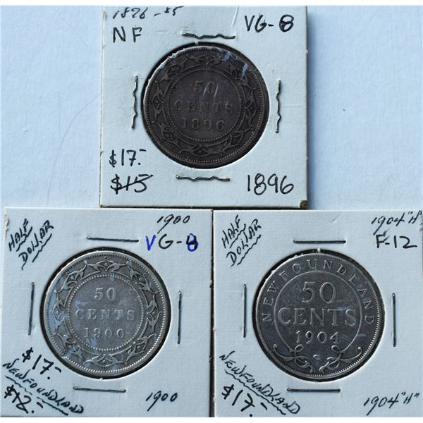 Canada, Newfoundland 0.50c Silver 1896 (Obverse 2) 1900 (Obv. 2) & 1904-H Grade VG+ / F or Better (3